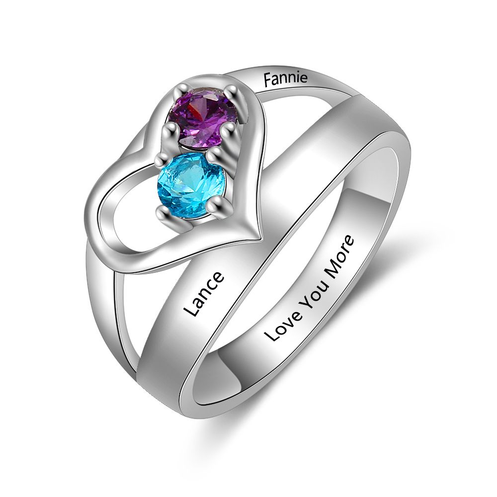 Bague Cœur Argent Avec Deux Prénoms et deux pierres de naissance